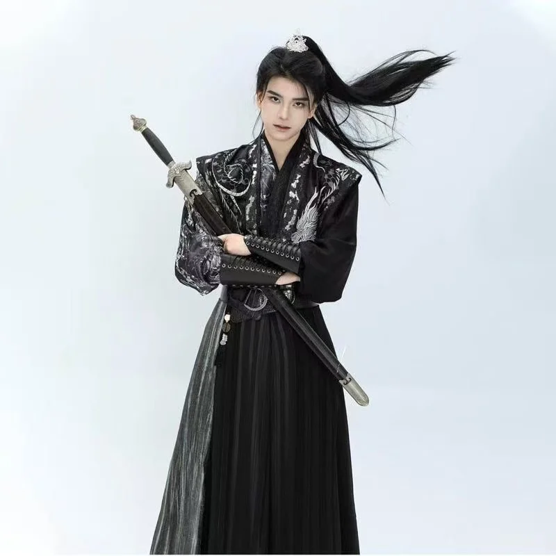 الظلام الأسود التنين التطريز Hanfu الرجال سلالة تانغ عبر طوق Beizi تنورة خمر الصينية فنون الدفاع عن النفس الملابس تأثيري الذكور #6