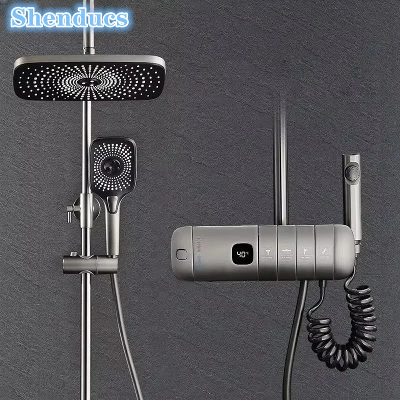 

Wall Mounted Piano Digital Bathroom Shower Set 12 Inch Rainfall Shower Head Copper Bathroom Faucet Hot Cold Piano Shower System