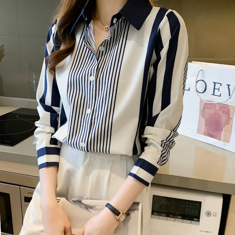 Women\'s Shirt Blue Striped Blouses for Women Long Sleeve Top Women Button Up Polo Neck Clothes Female 2023 Fashion Leisure Shirt