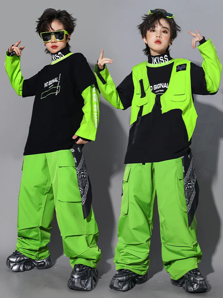 Costume de danse Hip Hop vert pour enfants, gilet et pantalon pour garçons, hauts à manches longues pour filles, vêtements de spectacle de danse de rue Kpop Y2K BL17822