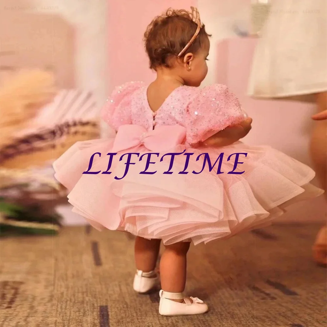 

Customized Pink Flower Girl Dress For Wedding Sequins Puffy Knee Length With Bow Cute Toddler Birthday Party Banquet Ball Gown
