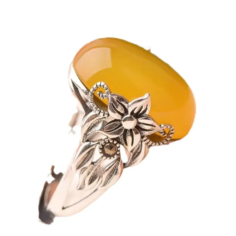 Artistic retro style silver 925 flowers inlaid natural chalcedony yellow oval rings for women High quality adjustable jewelry
