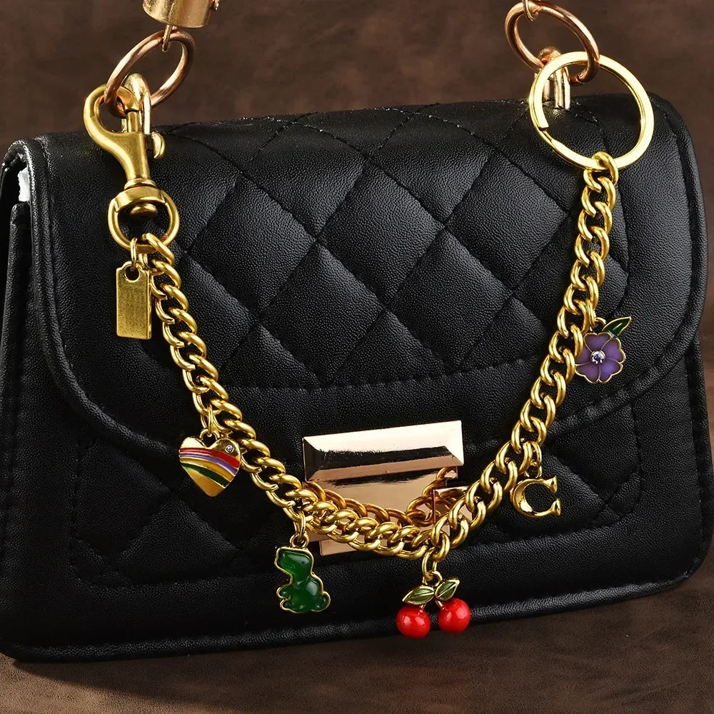 

1PC Shining Cherry Keychain Bag Colorful Fashion Metal Flowers Key Ring Square Crossbody Bag Chain Strap Trendy Fashion Chain