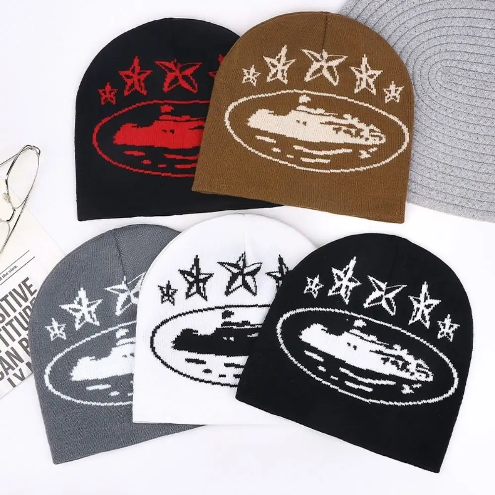 Unisex Knitted Knit Beanie Hat Stretchy Soft Skull Cap Star Jacquard Pattern Windproof Jacquard Beanie For Men Women