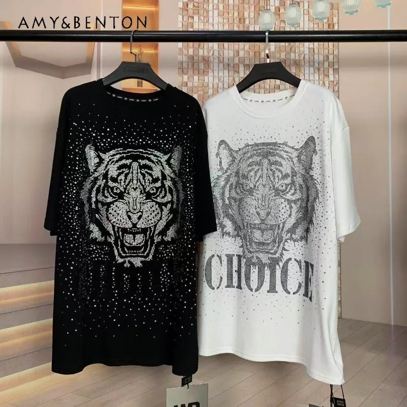 

Summer New Cute Tees Front And Back Full Rhinestone Tiger Head Design Loose Mid-length Short-sleeves T-shirt Unisex Pullover Top