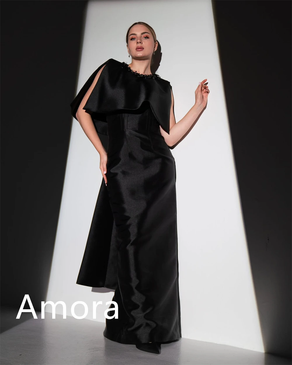 فستان سهرة فاخر من الساتان الأسود مخصص رائع برقبة دائرية وأكمام قصيرة شال بدون أكمام كريستال فساتين مناسبة مخصصة #3