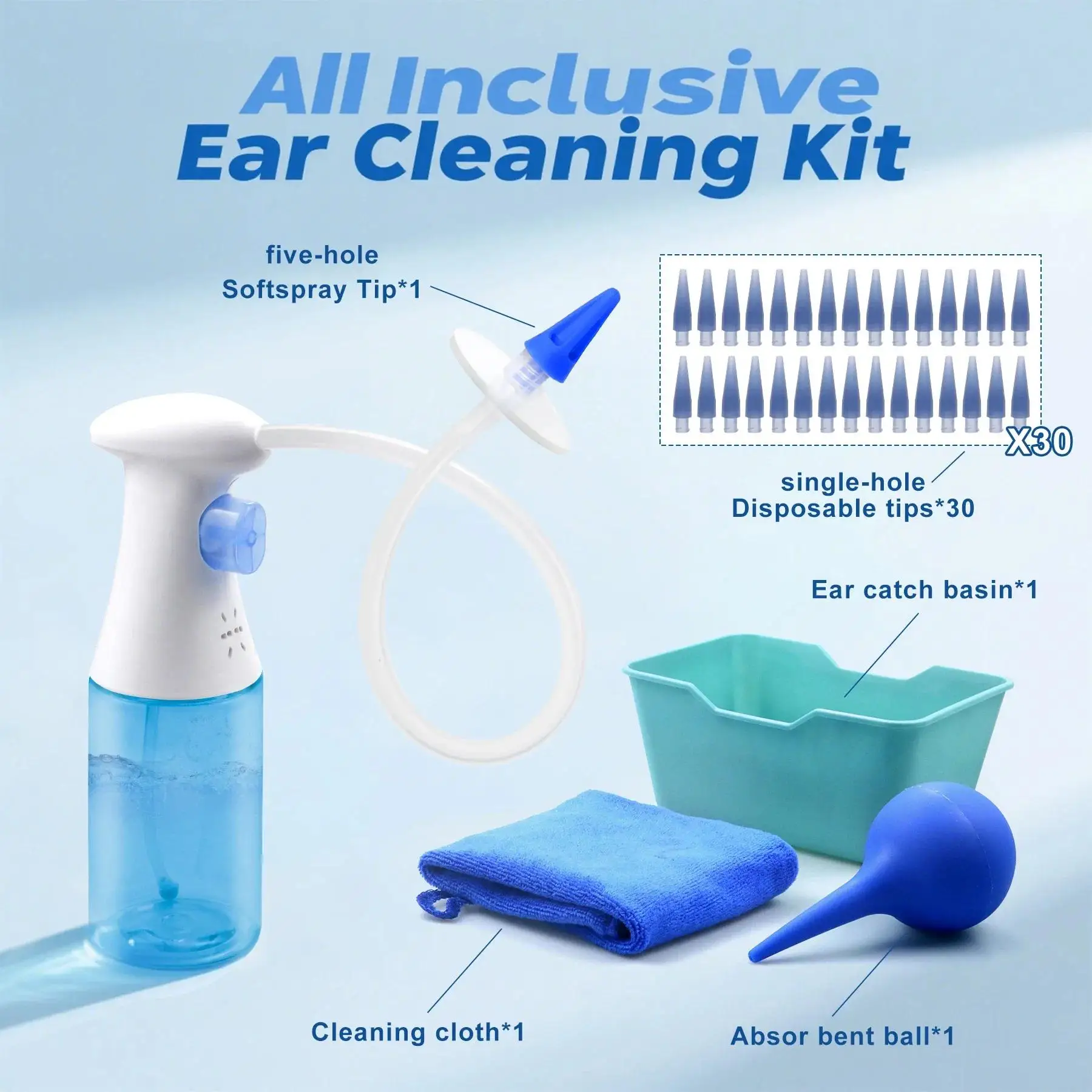 Ear Wax Removal Manual Ear Cleaner Kit - 30 Soft Disposable Tips, Safe Flushing System Earwax Removal Kit Ear Cleaning Kit