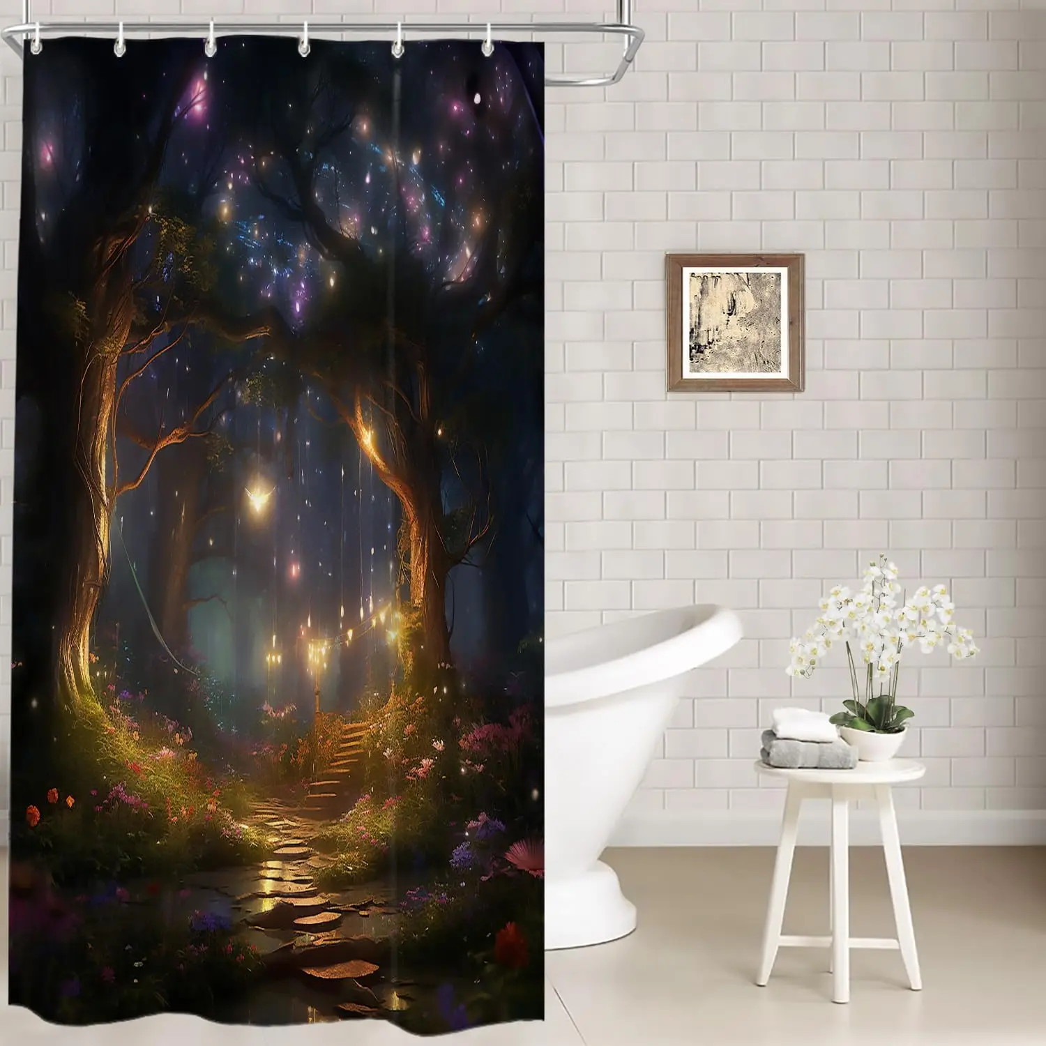 

Fantasy Forest Night Scene Waterproof Fabric Shower Curtain with Hooks Starry Sky Glowing Path Floral Scenery Bathroom Decor