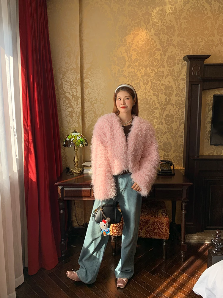 

Женская куртка с розовым мехом, экологически чистая мода 2024, Новое поступление, V-ne Long Sve, удобная для поездок на работу, бренд Tefamani