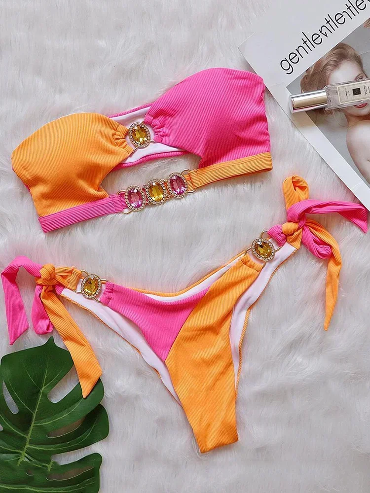 

Splicing Ribbed Bandeau Bikinis Diamond Bikini Women Swimsuit Female Swimwear Two-pieces Bikini Set Hollow Out Bathing Suit Swim