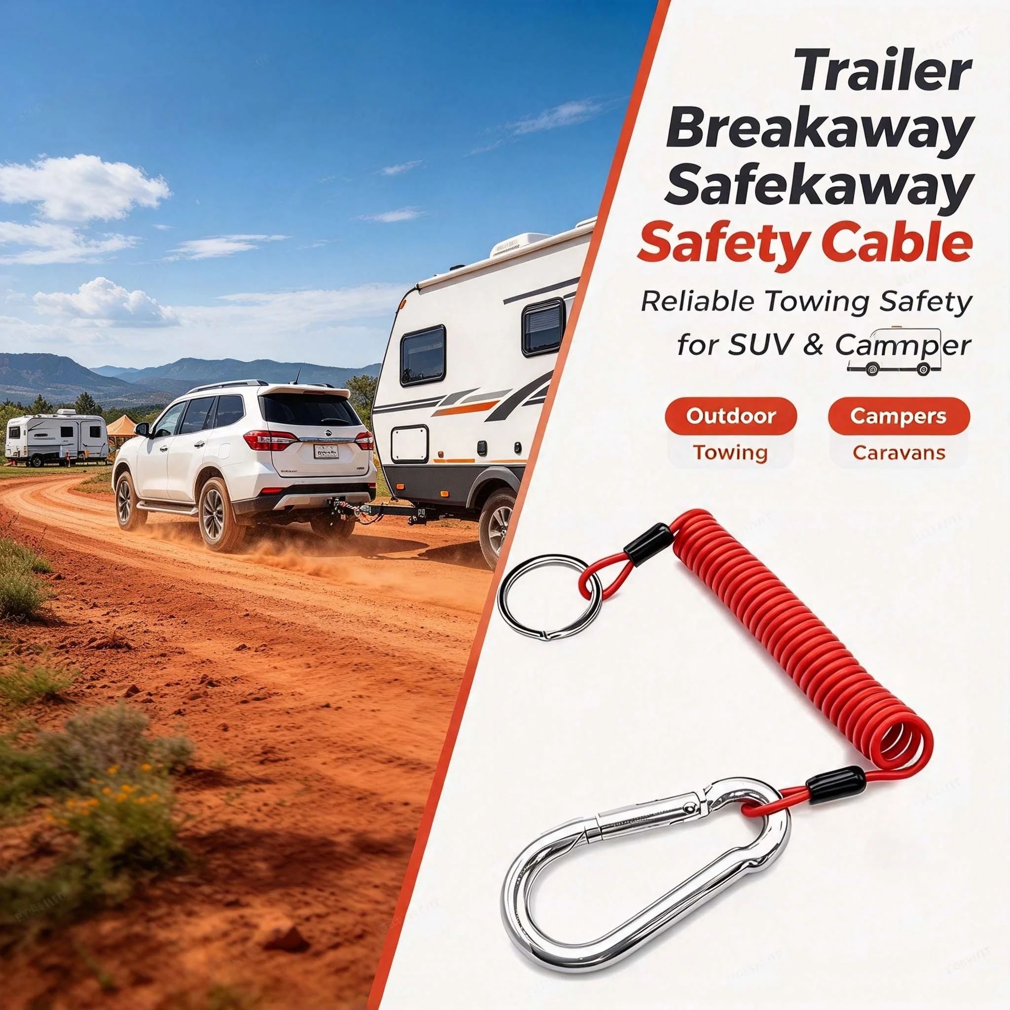 Red Color Coiled Design Breakaway Trailer Cable 6FT Easy Install High Quality Towing Safety for Towing Vehicles Parts