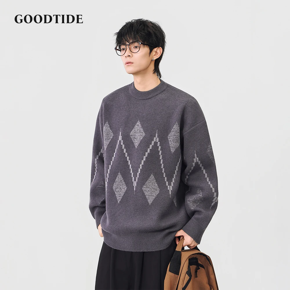 Fashion Men's Casual Crew Neck Sweater 2025 Winter New Argyle Pattern Knitted Pullover Comfortable Soft Long Sleeve Jumper Top