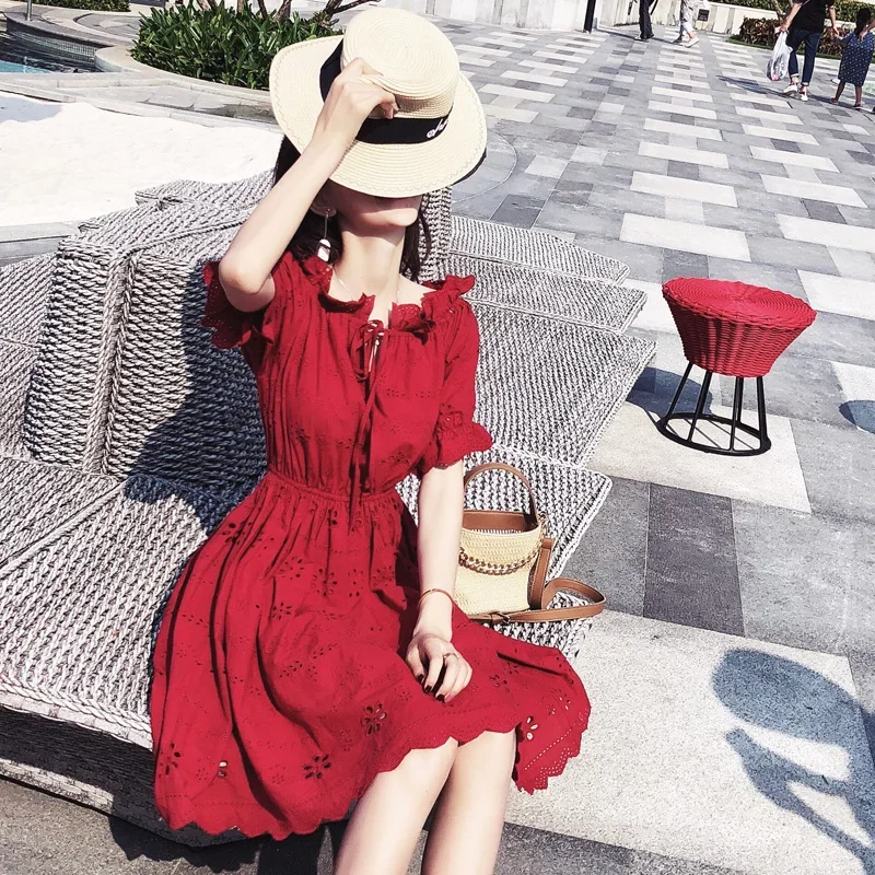 MISHOW Vintage Dresses Women Summer Fashion Puff Short Sleeve Mini Red Hollow Out Casual Beach Vacation Dress Female MX18B1240