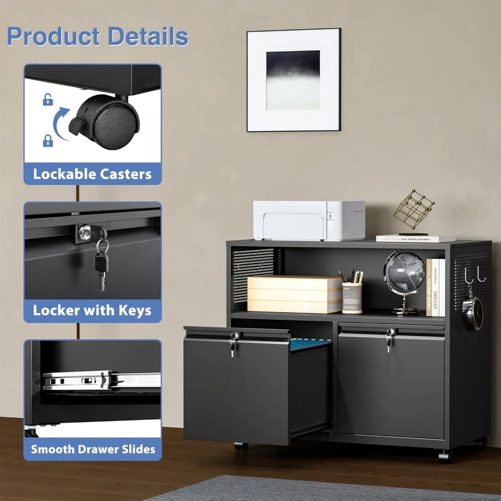 خزانة ملفات معدنية ذات درجين مع قفل، وخزانة تخزين بحامل الطابعة الدوارة مع أرفف للمكتب المنزلي، وحجم الحروف