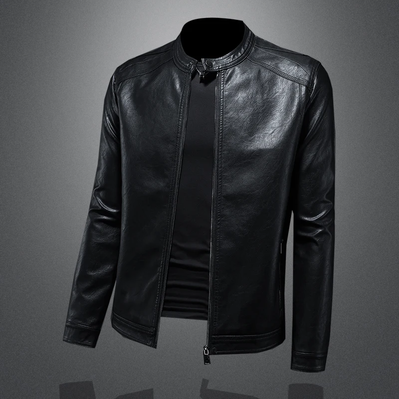 2024 autumn and winter new stand up collar leather jacket for men, windproof, waterproof, slim fit motorcycle leather jacket