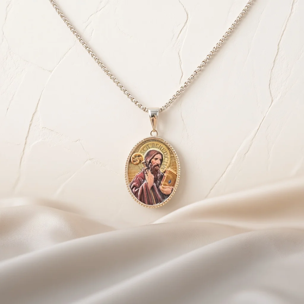 Saint Peter Oval Color Printing Medal Pendant Necklace Silver Diamond Cut Chain Catholic Jewelry Gift For Devout Male Believers