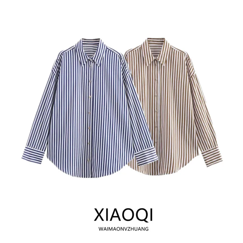 ฤดูใบไม้ผลิ 2025 ผู้หญิง Faion โลหะ Tead ลายยาว Sve Collared irt ใหม่มาถึงอเนกประสงค์หลวม Fit ความยาวปกติ