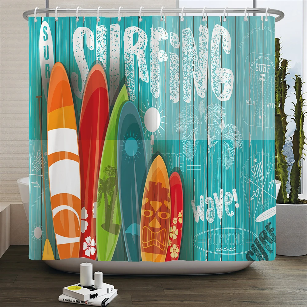 Beach Ocean Surfing Scenery 3D Printing Waterproof Shower Curtain Rug Lid Toilet Cover Bath Mat Bathroom Set with 12 Hooks