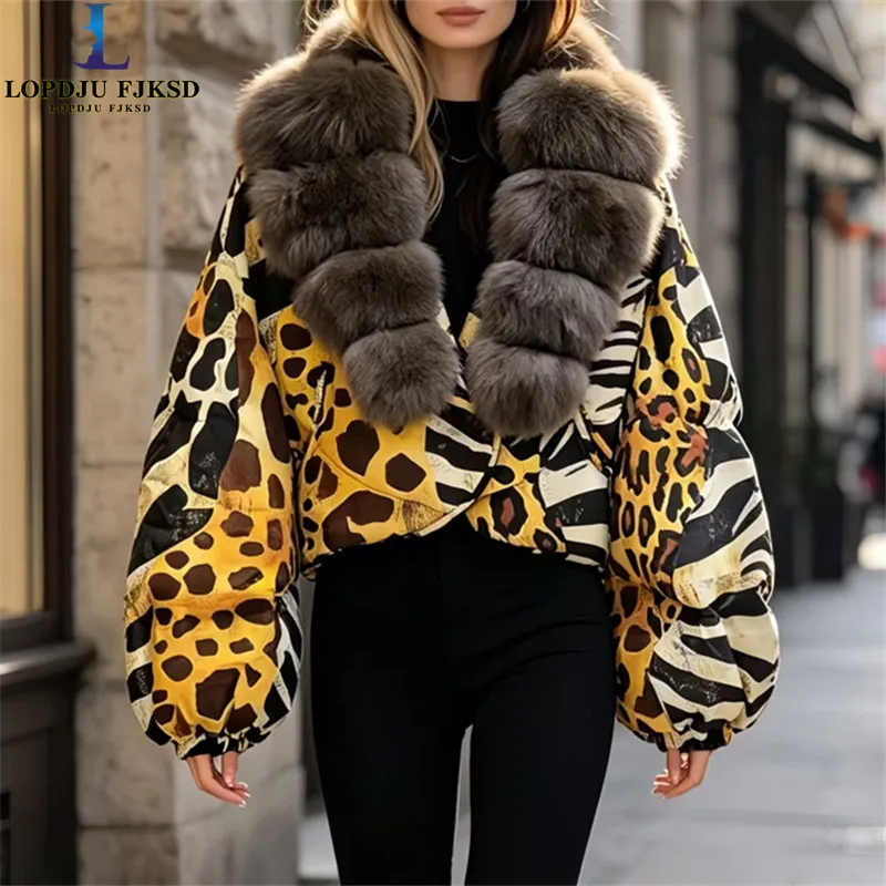 Women's Leopard Print down Jacket with Faux Fox Fur Collar European Winter Warm Short Duck down Coat for Cold Weather