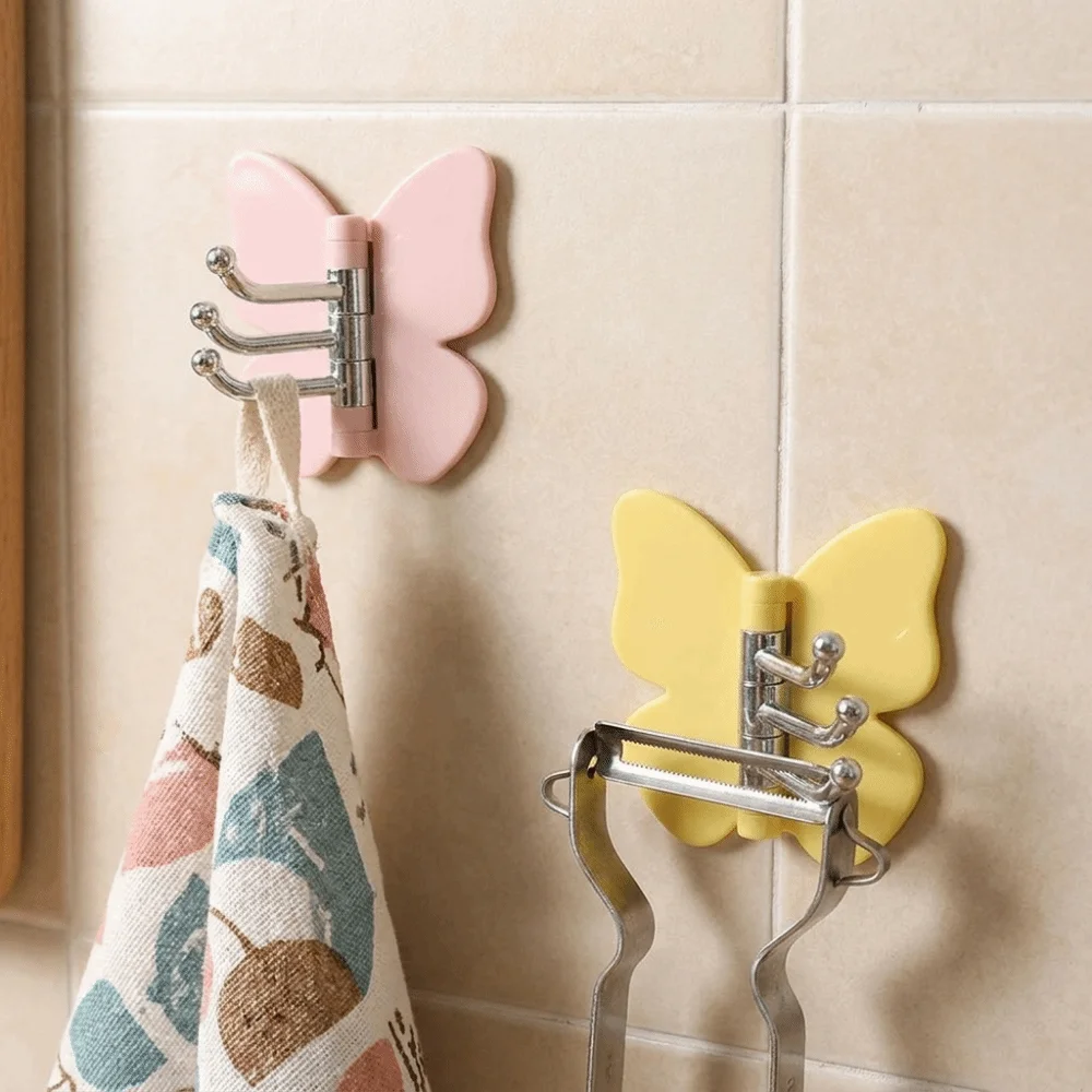 4PCS Plastic Rotating Butterfly Wall Hooks Self Adhesive Decorative Butterfly Triple Hook Wall Mounted Space Saving Corner Hooks