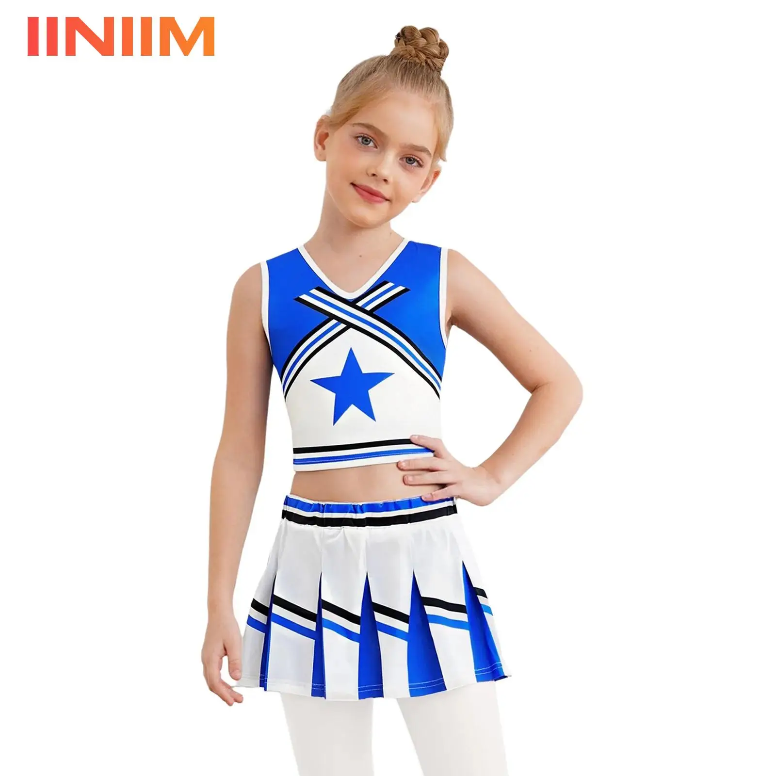 어린이 소녀 치어리더 의상 치어리딩 유니폼 프린트 탑과 어울리는 플리츠 스커트 학교 축제 스포츠 대회용
