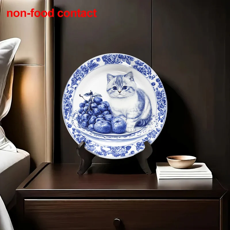 1pc Vintage Blue & White Porcelain Ceramic Hanging Wall Plate - 8-Inch Round Kitten & Fruit Design, Non-Food Contact Decorative