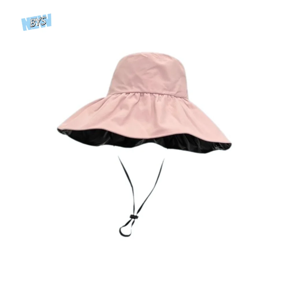 

Solid Color Women Fisherman Hat Anti-Ultraviolet Foldable Wide Brim Sun Hat Adjustable with Windproof Rope Sun Protection Hat