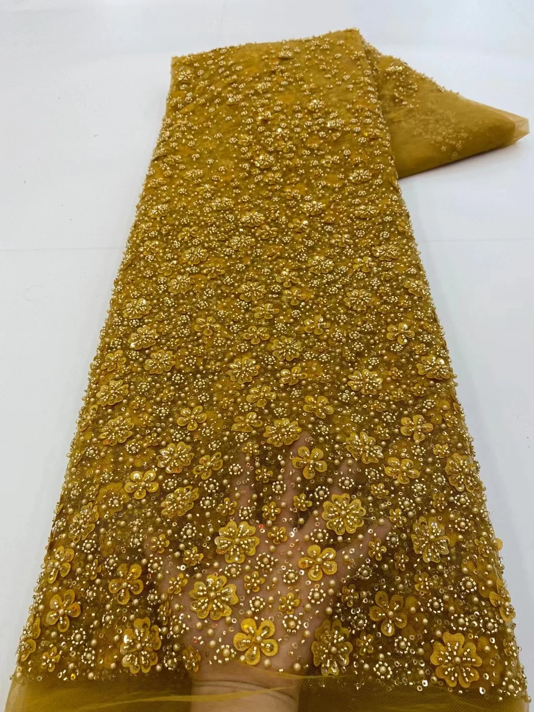 

2025 High Quality African 3D Flower Embroidery Beaded Lace Fabric Handmade French Tulle Lace Fabric for Wedding Dress