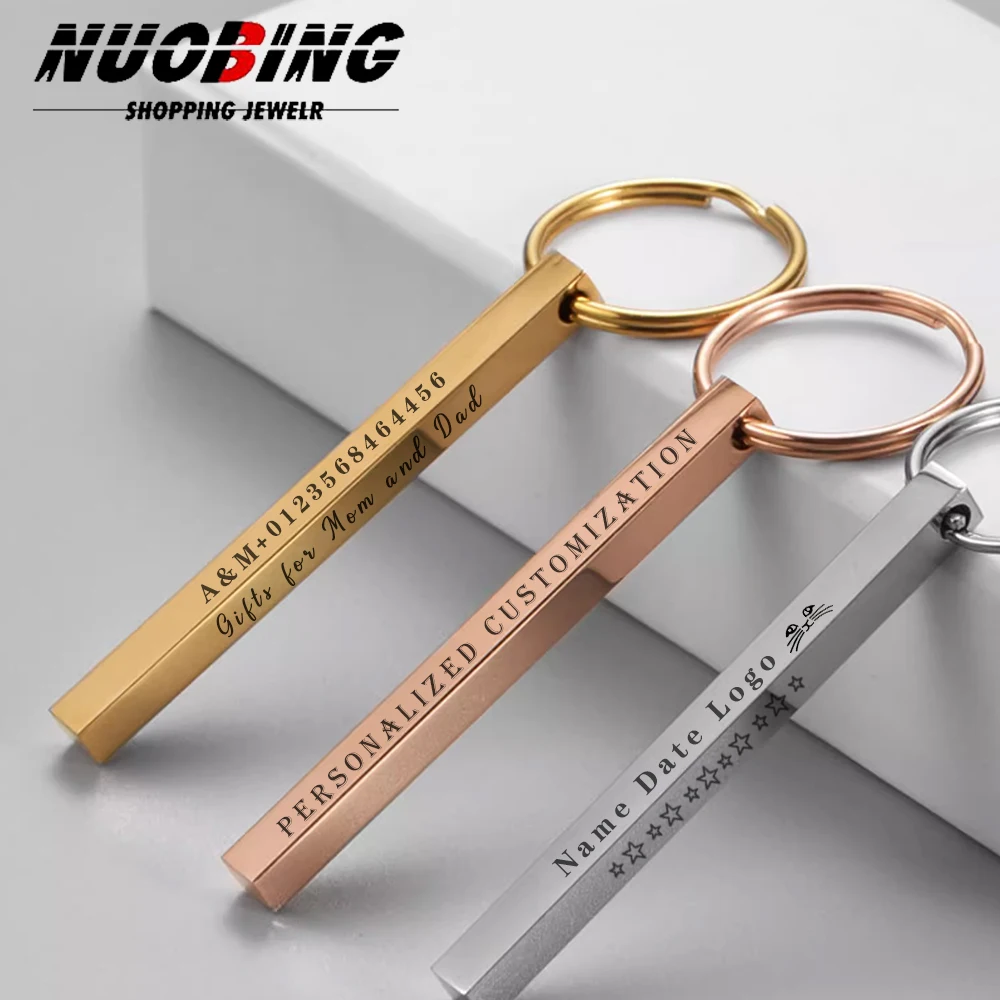 

Personalize Keychains 3D Bar Stainless Steel Keyrings 4 Sides Engrave Text Name Date Logo Custom Key Chains Rings Love Gift