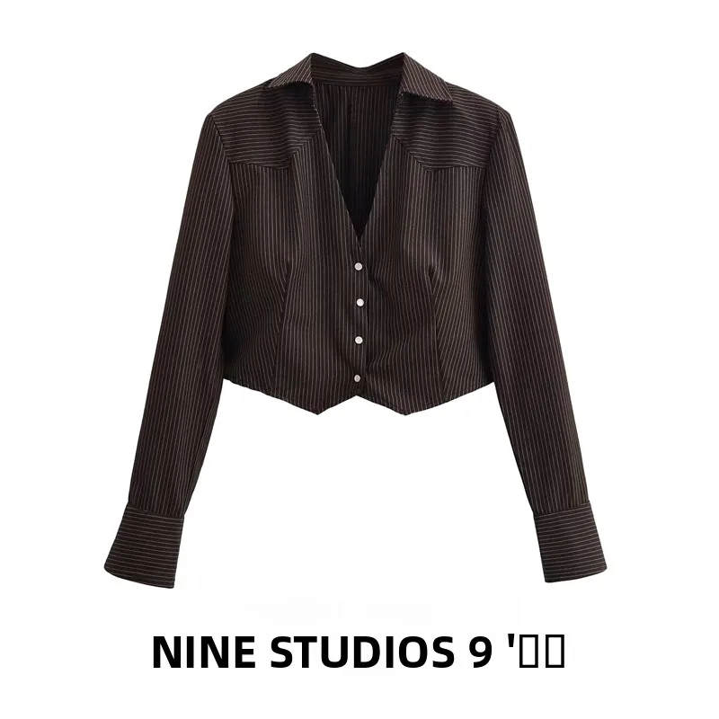 

NINE ZAR Женский топ Slim Fit ort Svel irt Jaet Long Sve Striped Pad oulder Top 229882, европейский зимний топ Fa...