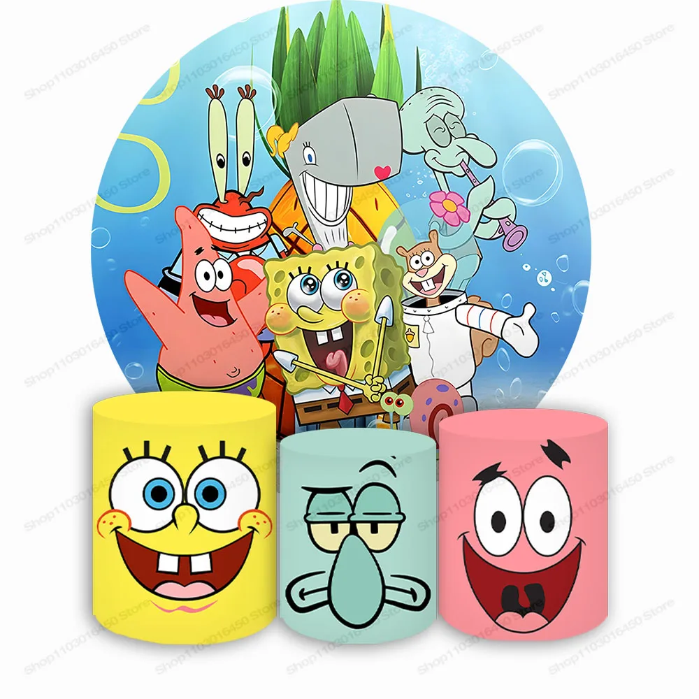 The Sponge Bobs Round Backdrop Elastic Circle Baby Shower Cute Cartoons Birthday Party Background Cylinder Decoration Props