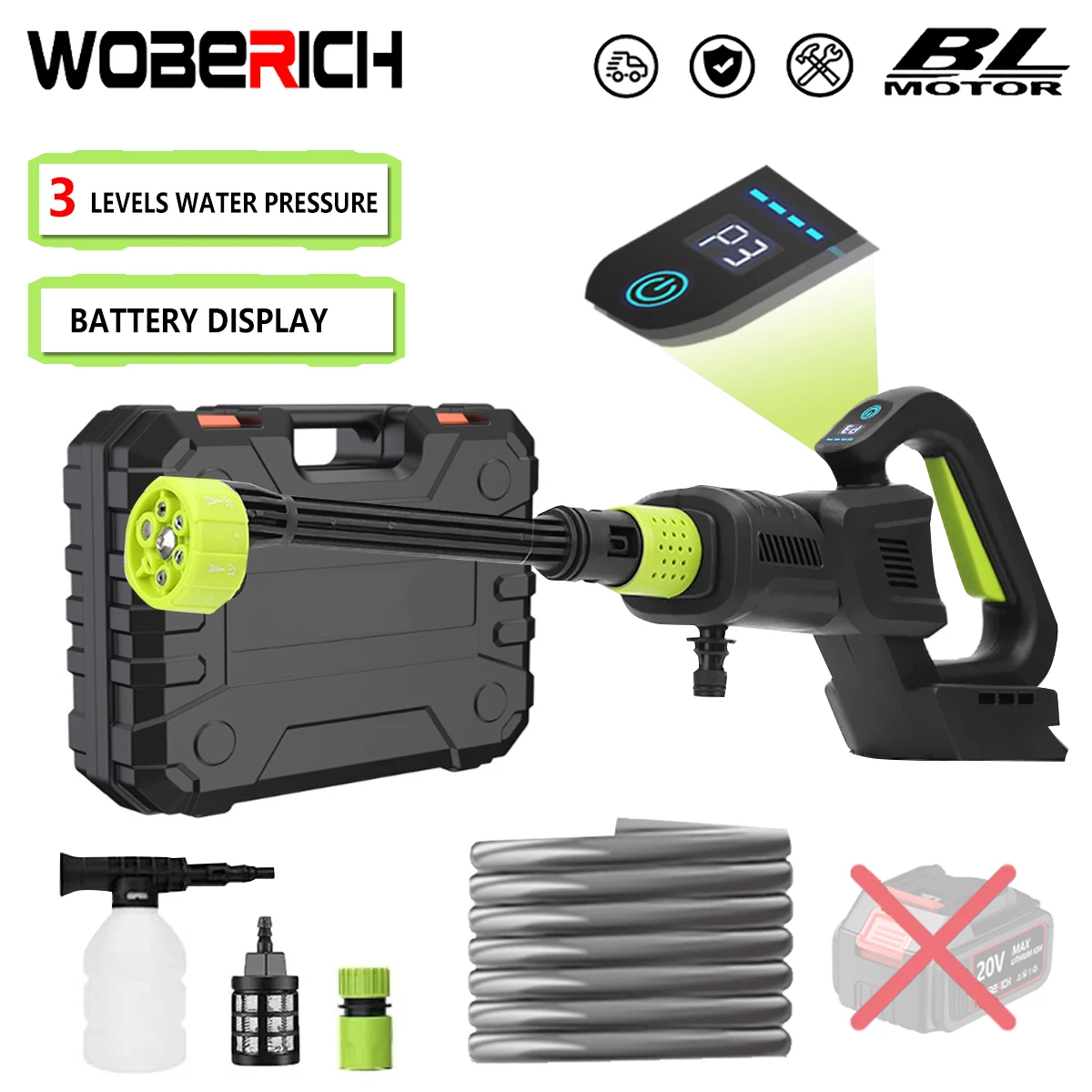 

280Bar Brushless Electric High Pressure Washer Digital display Cordless Garden Cleaning Spray Gun Tool（No battery）For Makita 18V