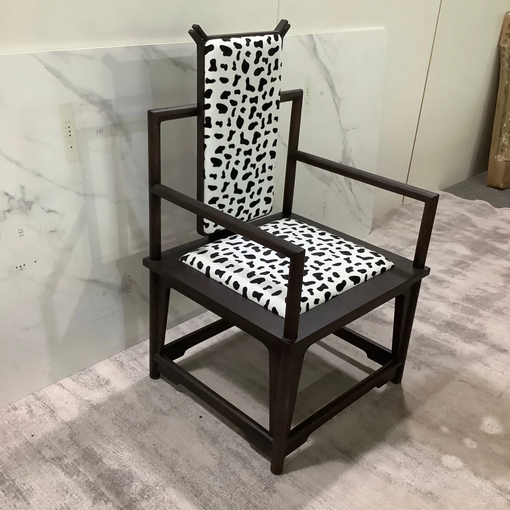 *Custom New Chinese Style Armchair Accent Chair Wood & Cowhide Print Upholstery for Living Room & FF&E Full-Project Custom
