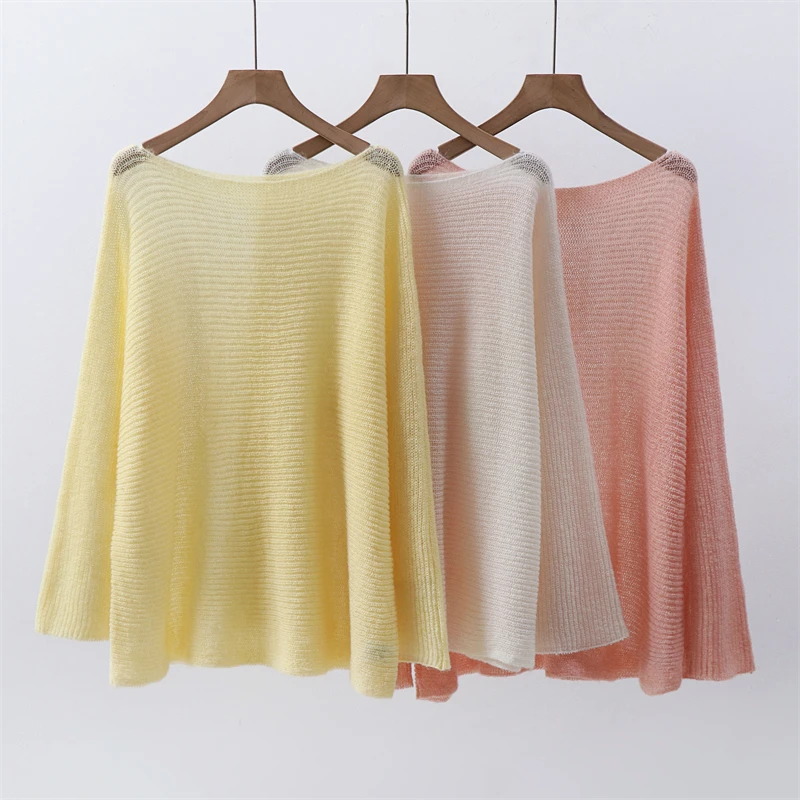 

One collar off shoulder thin knit sweater mohair top wool cover sweater loose and slightly transparent simple long sleeved