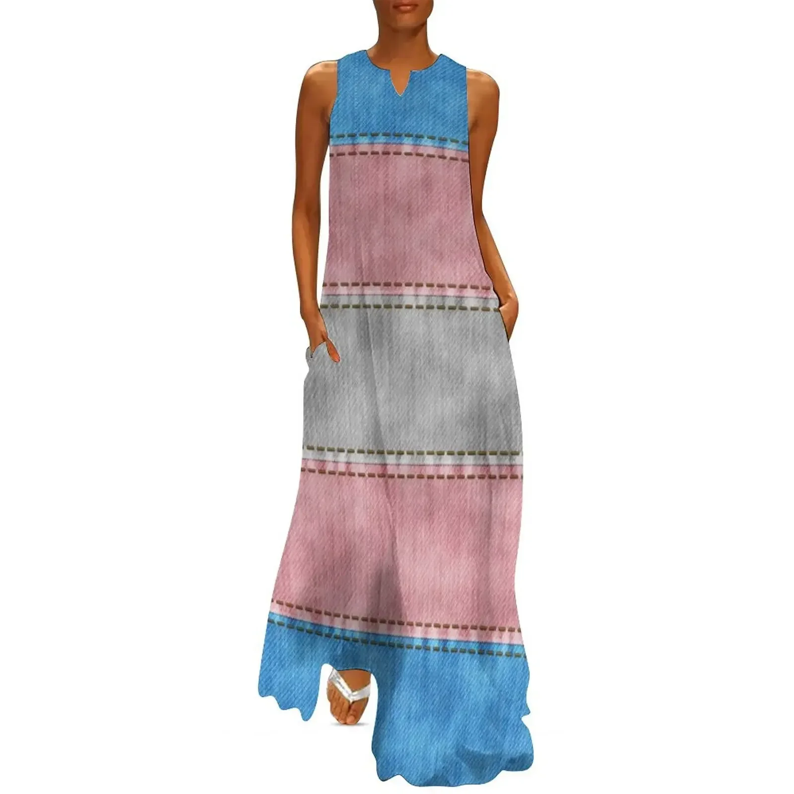 

Denim Textured Seamless Transgender Pride Flag Pattern Long Dress evening dresses ladies Dress
