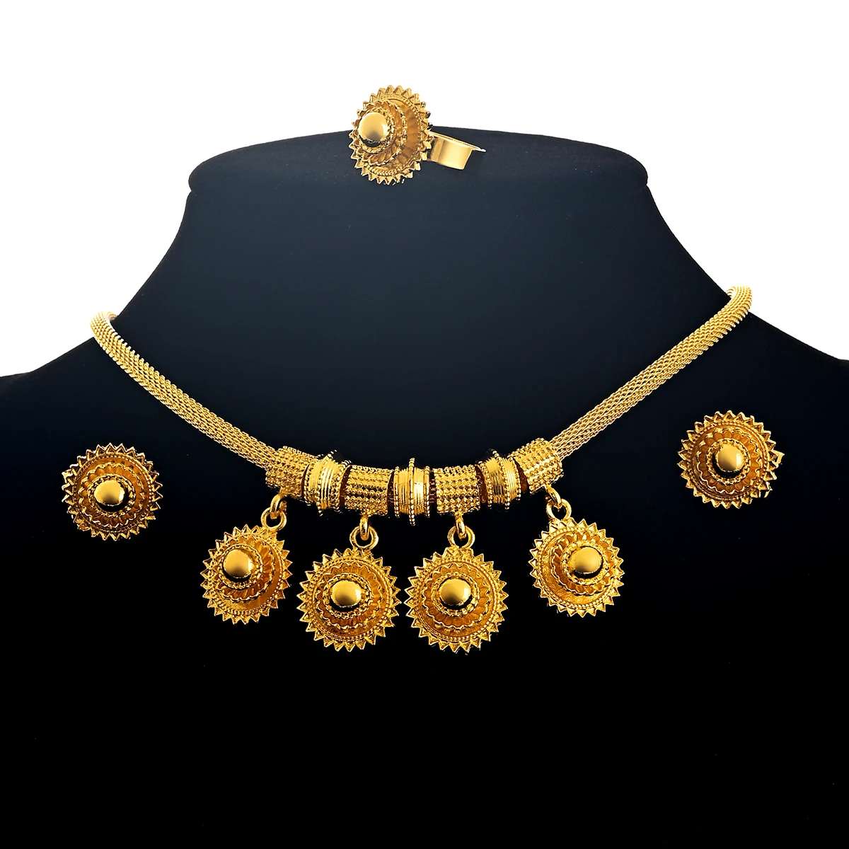 24K Gold Color sets Necklace Earrings Ring Ethiopia Women Jewelry Necklace Earring Ring African Arab Bridal Set  Party Gift