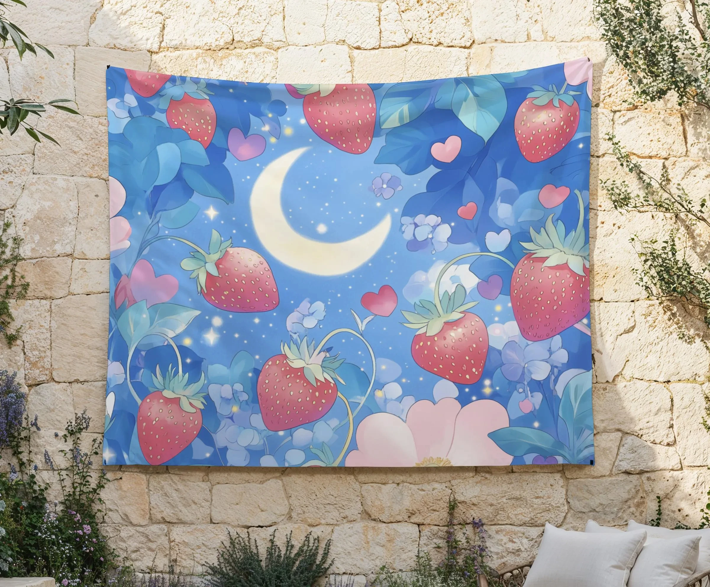 VIKAMA Dreamy Strawberry Moon Tapestry Girl Heart Ins Wind Background Cloth Children's Room Decoration Room Decoration