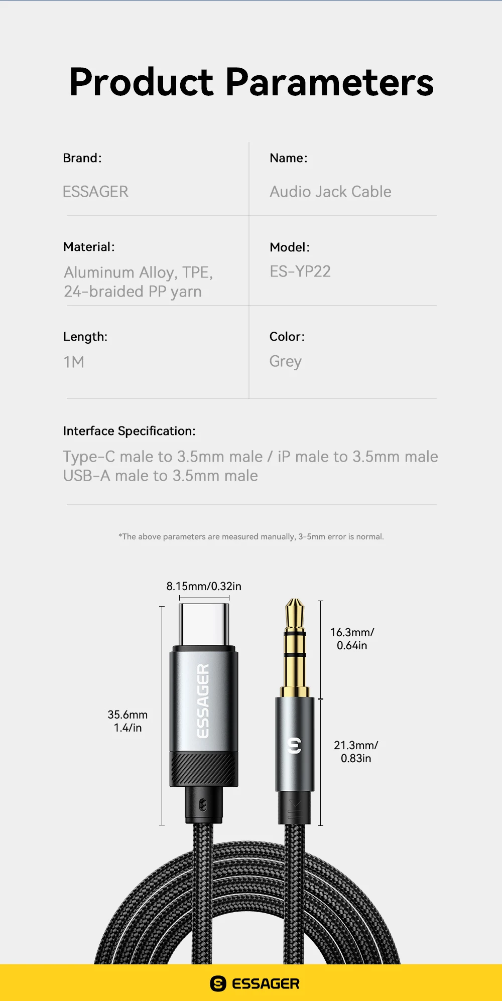 Essager Type C/USB-A/Lightning To 3.5mm Jack AUX Cable Audio Adapter for Phone Headphones Car HIFI Stereo Sound Audio Connector