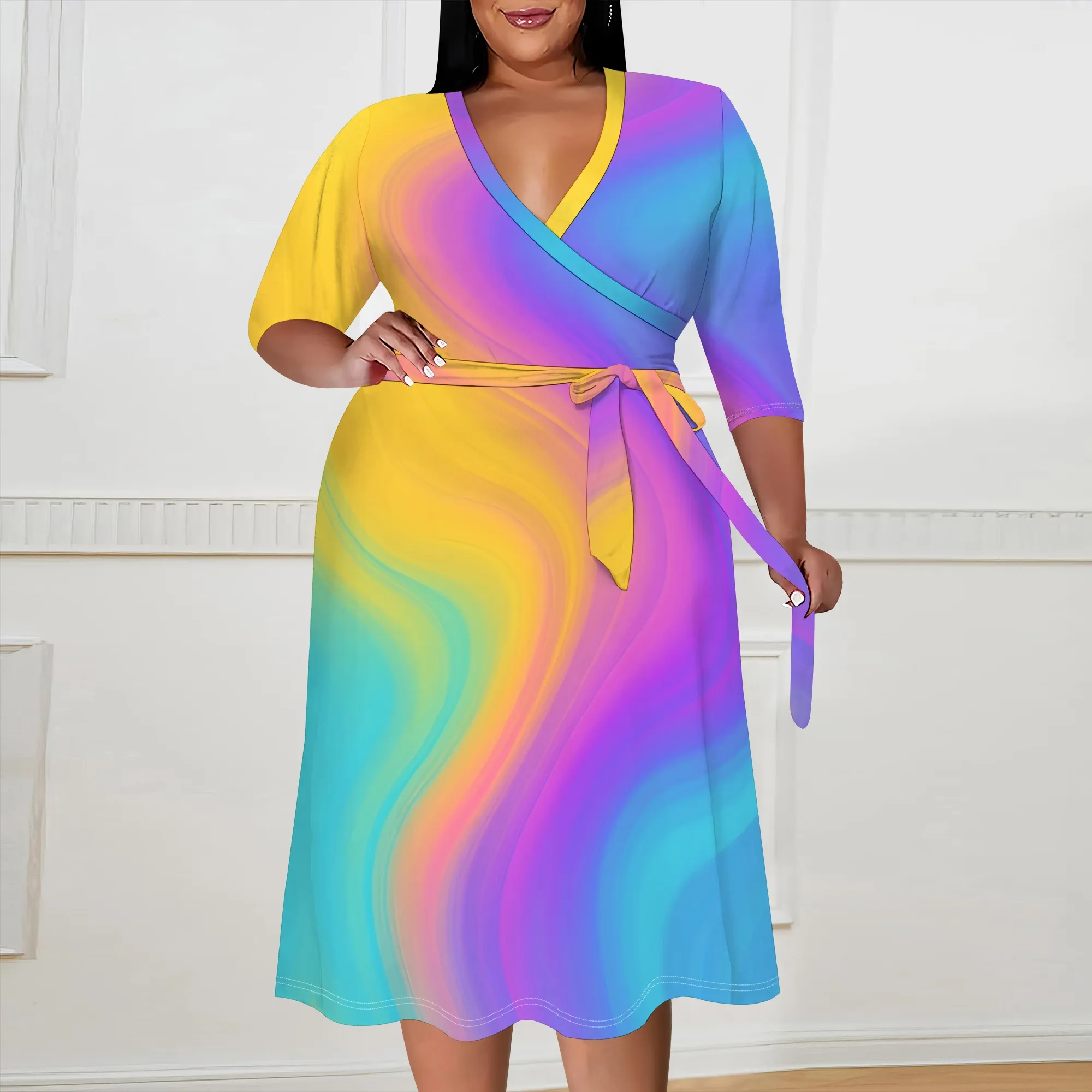 

Plus Size Rainbow Gradient Wrap Dress XL-6XL Dreamy Colorful Look for Pride Month or Summer Festival