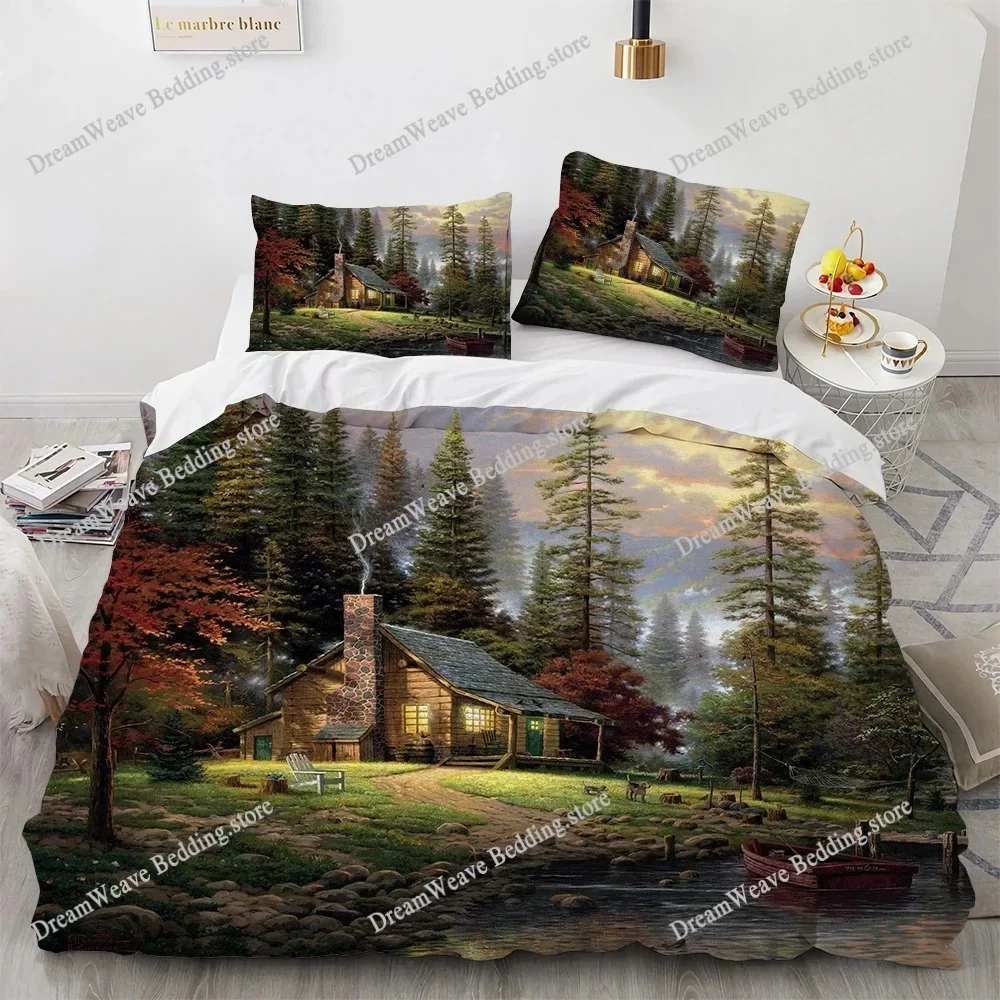 Oil Painting King Queen Duvet Cover Vintage Building Landscape Bedding Set for Adults Retro Art Microfiber Quilt CoverFQH