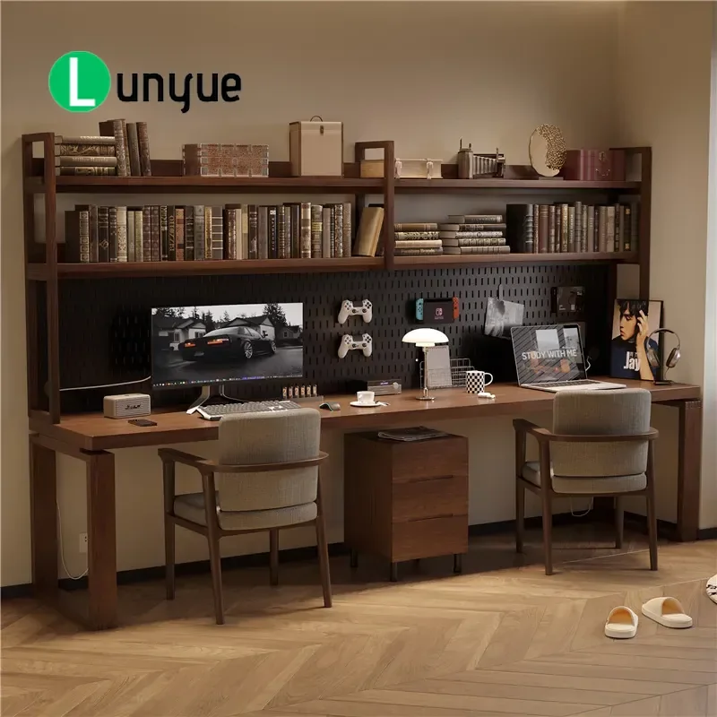 Solid wood double computer desk bookshelf desk integrated with hole board shelf bedroom wall long table study table