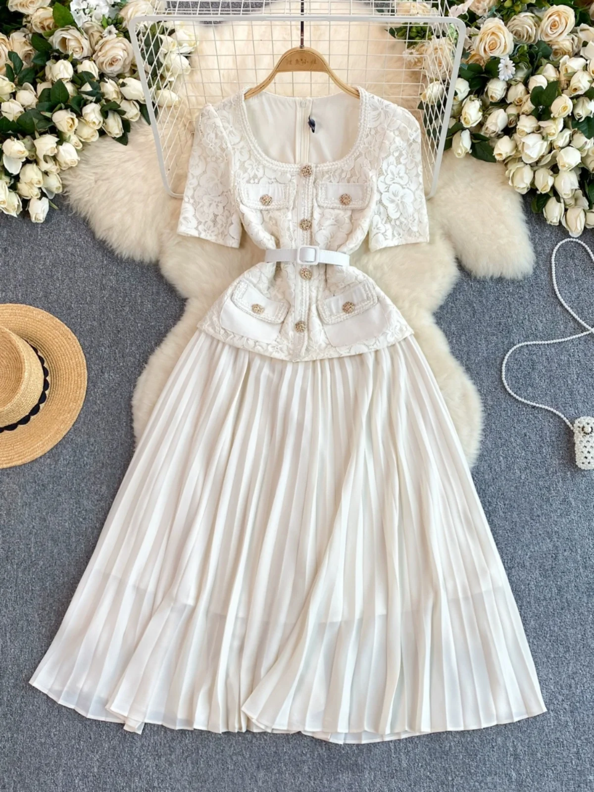 Runway 2025 Spring Pleated Chiffon Lace Party Long Dress Women's Short Sleeve Golden Belt Evening Formal Occasions Midi Dresses