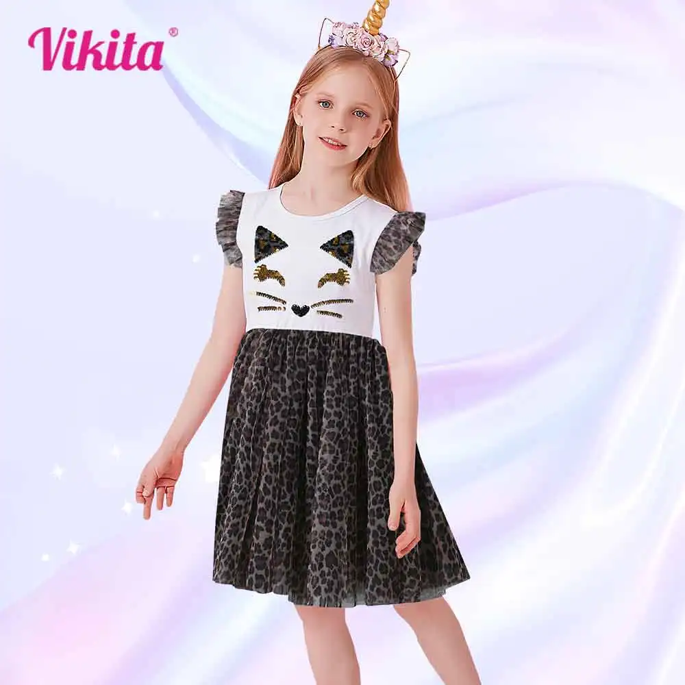 

VIKITA Girls Fox Dress Kids Cotton With Flare Sleeve Kids Summer Yarn Dresses for Girls Children Embroidery Sequin Vestidos