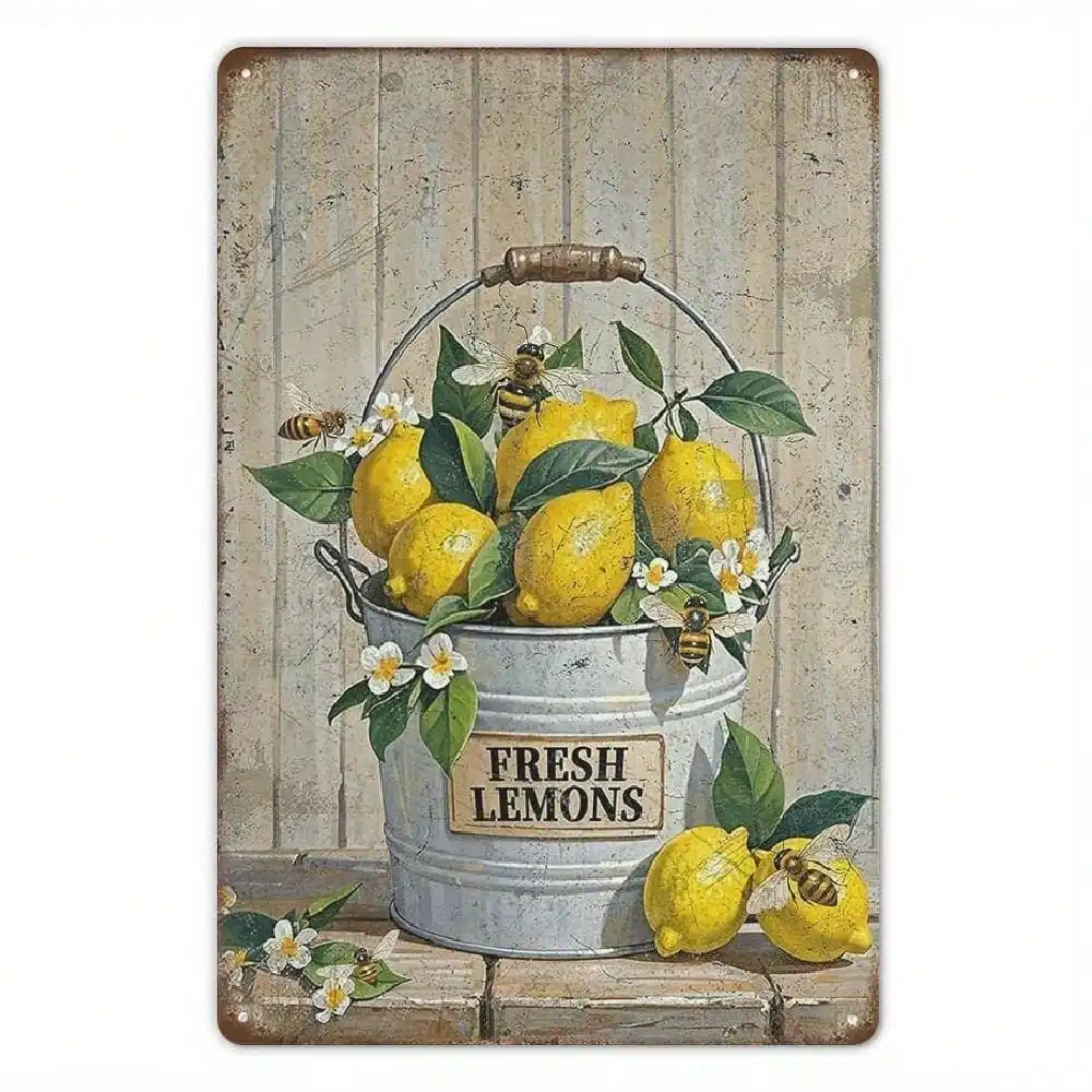 Vintage-Zitronenkorb-Metallblechschild, Wandkunst, 30,5 x 20,3 cm, rustikales Dekor mit Bienen für Küche, Zuhause, Bar, Garten