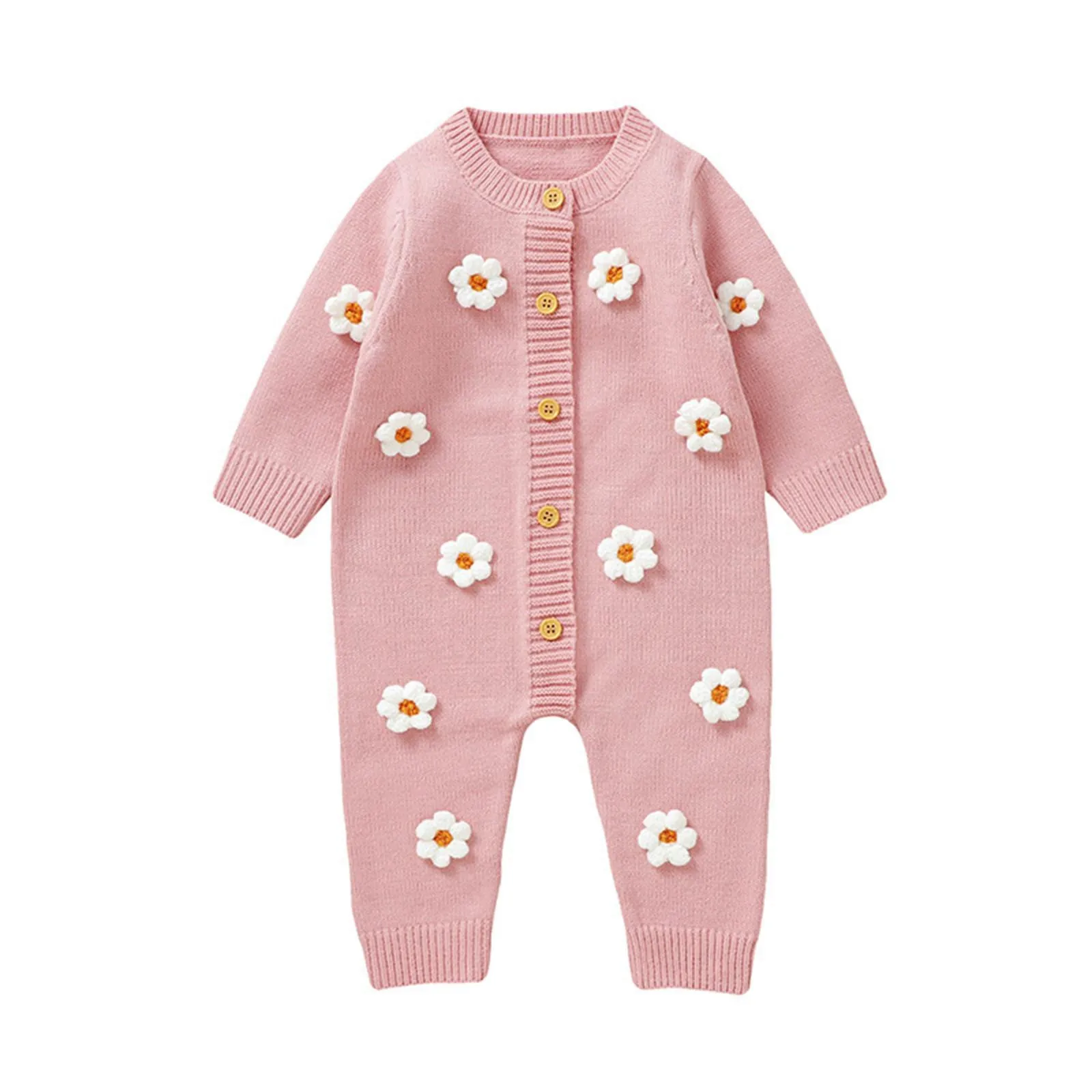 Autumn And Winter Baby Clothing Knitted Jumpsuit Baby Girls Embroidered Flower Print Pink Overalls Baby Girls Jumpsuits 0-18M