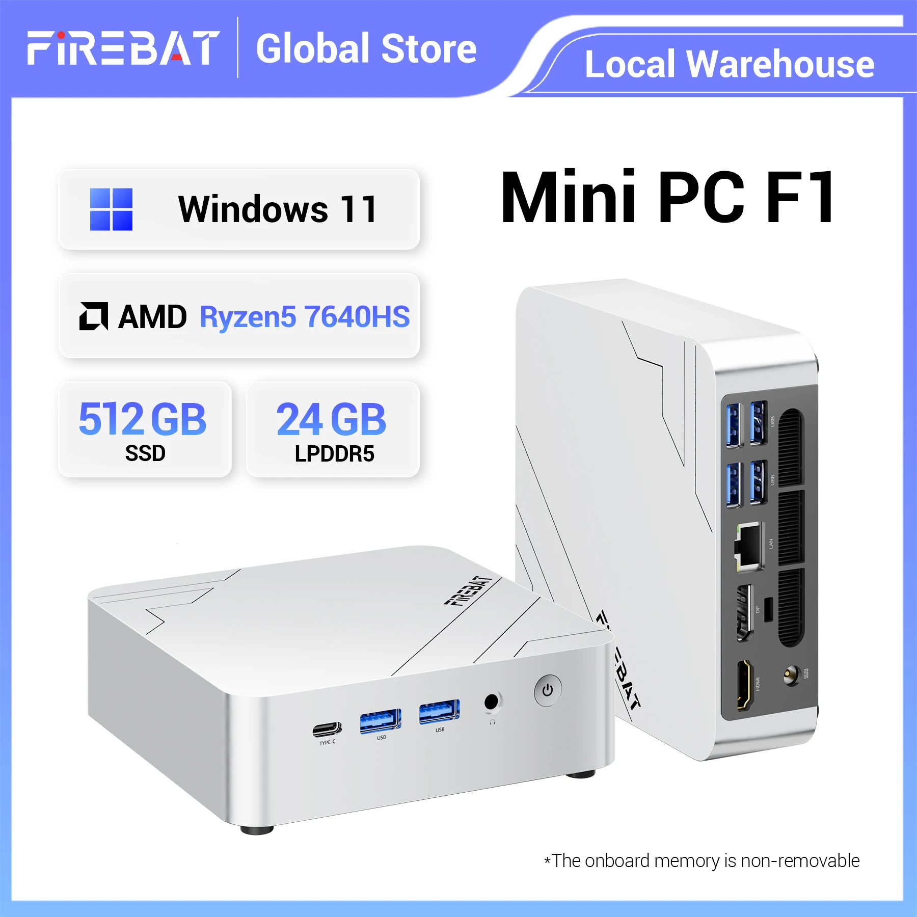 Firebat F1 Gaming Mini Pc Amd Ryzen 5 7640Hs 6C/12T Lpddr5 24Gb Ram M.2 Pcie 512Gb Ssd Usb4 Wifi6 Bt5.2 4K Display Windows11 Desktop Computer