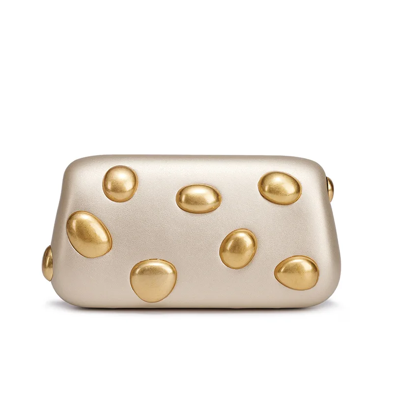 Vintage Gold Metal Pebble Decor Hard Clutch for Women Faux Leather Evening Bag with Detachable Chain Strap