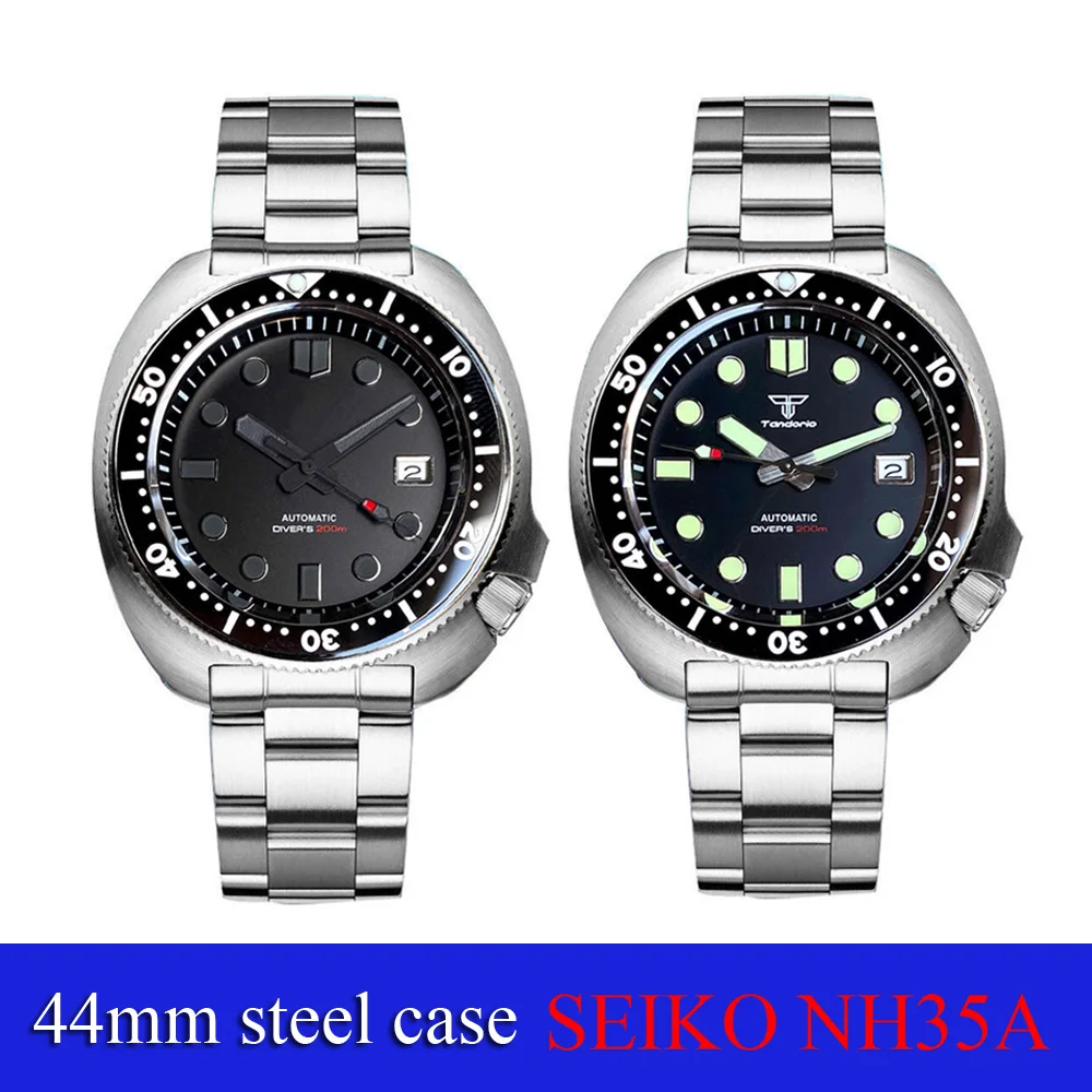 Dive Fashion Tandorio Stainless Steel 44mm 200M NH35 Automatic Men's Watch Sapphire Glass Black Dial Date Ceramic Rotating Bezel