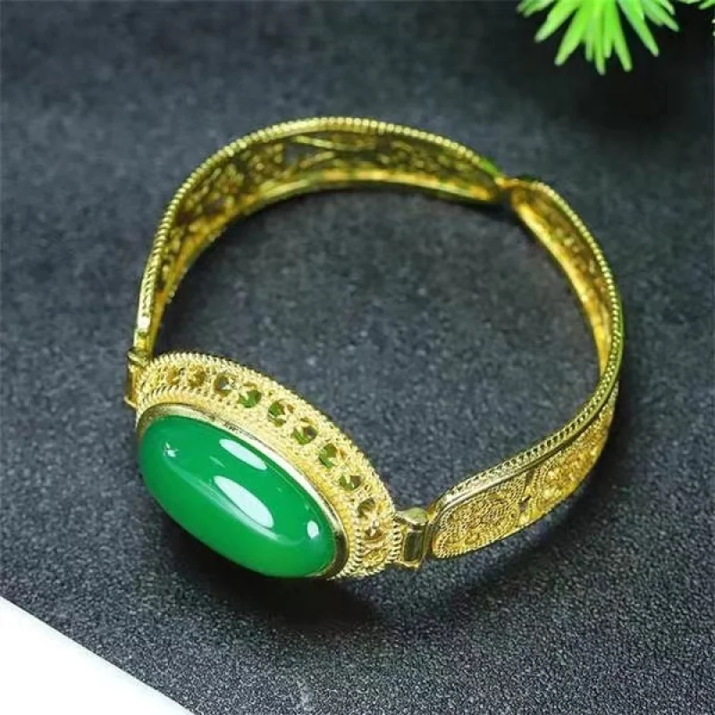 High Quality Ice Jadeite Jade Green Big Egg Noodle Chalcedony Bracelet Vintage Court Cloisonne Inlaid Emperor Green Agate Jade O