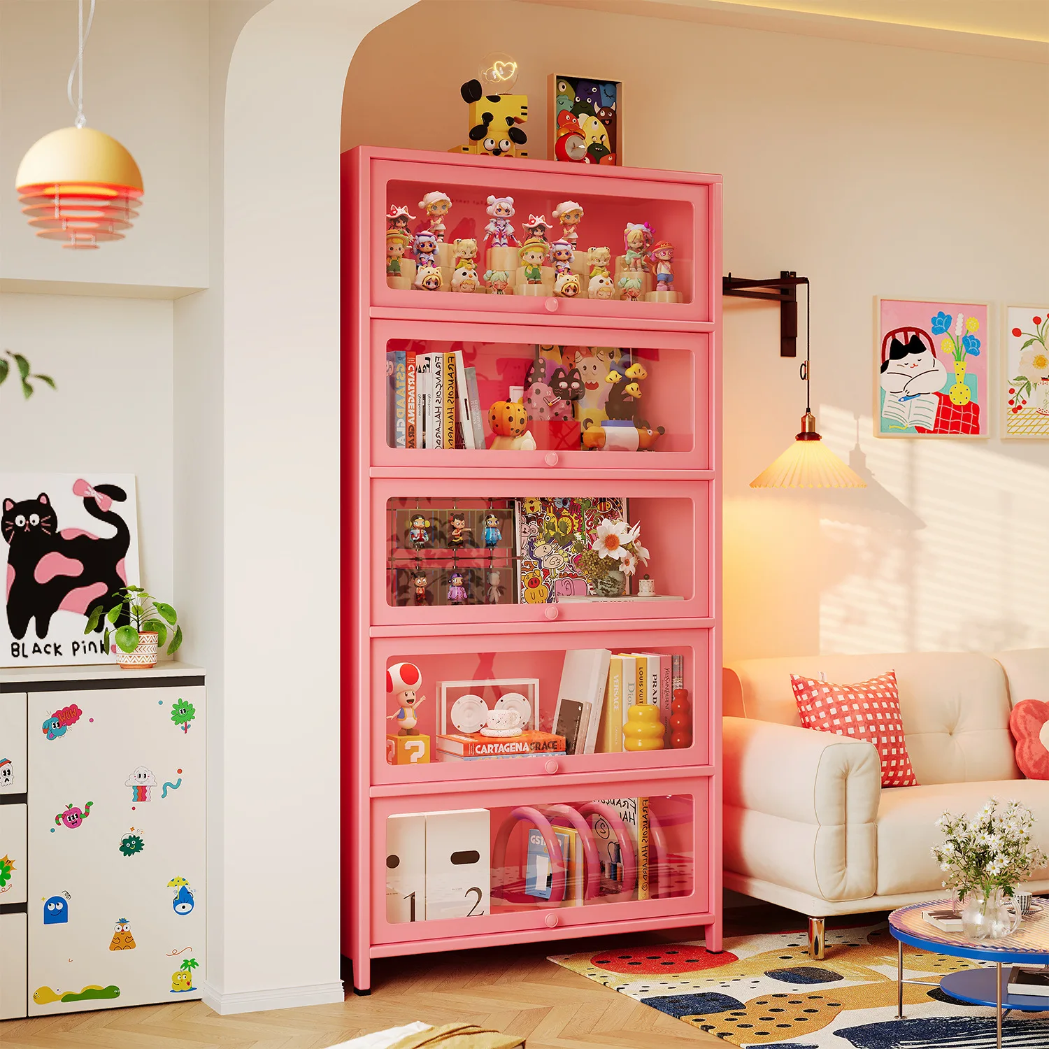 Steel bookshelf, glass bookcase with door, dopamine display case, dust-proof storage